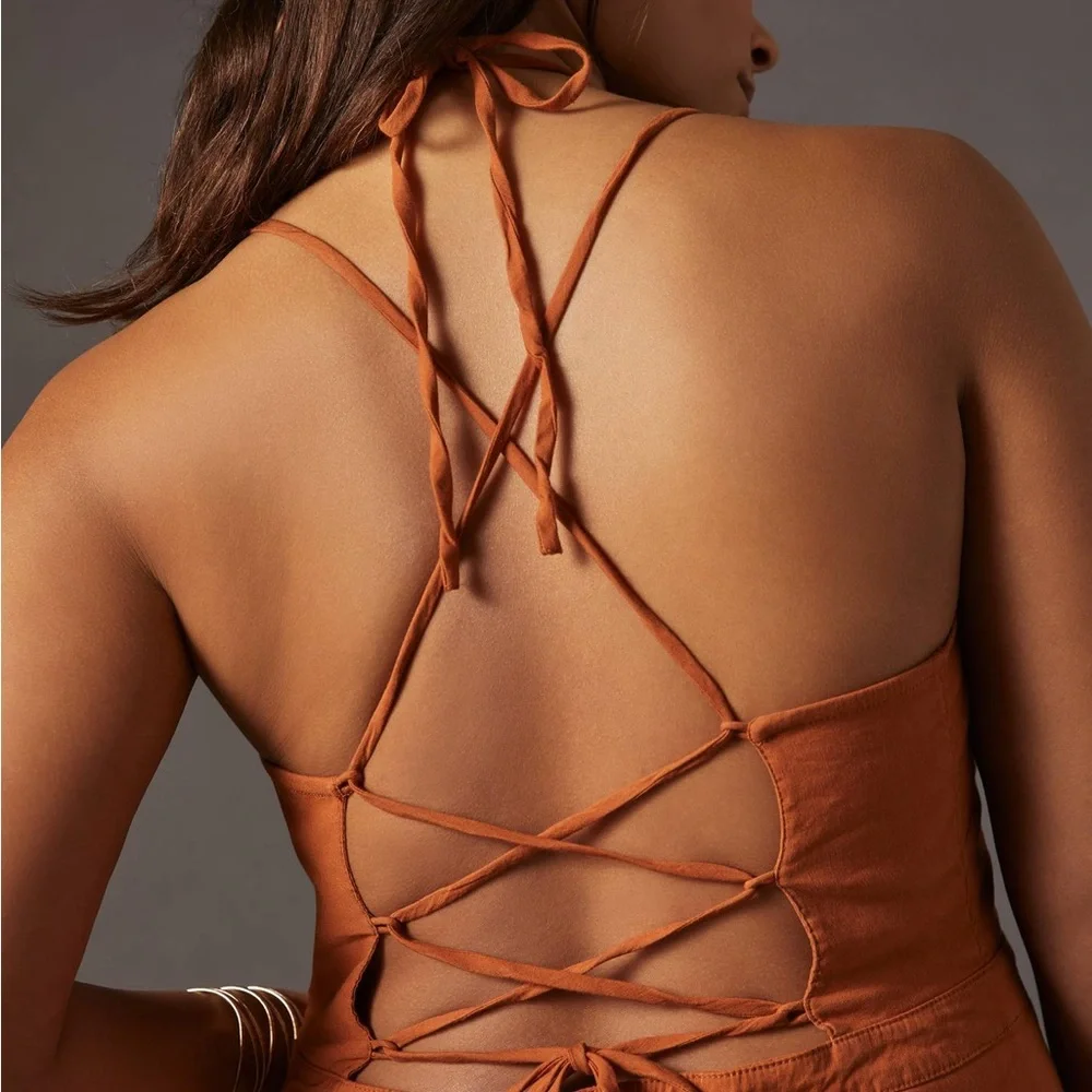 Anthro Maeve Colette Rust Strappy Back Jumpsuit 14 - Picture 5 of 13